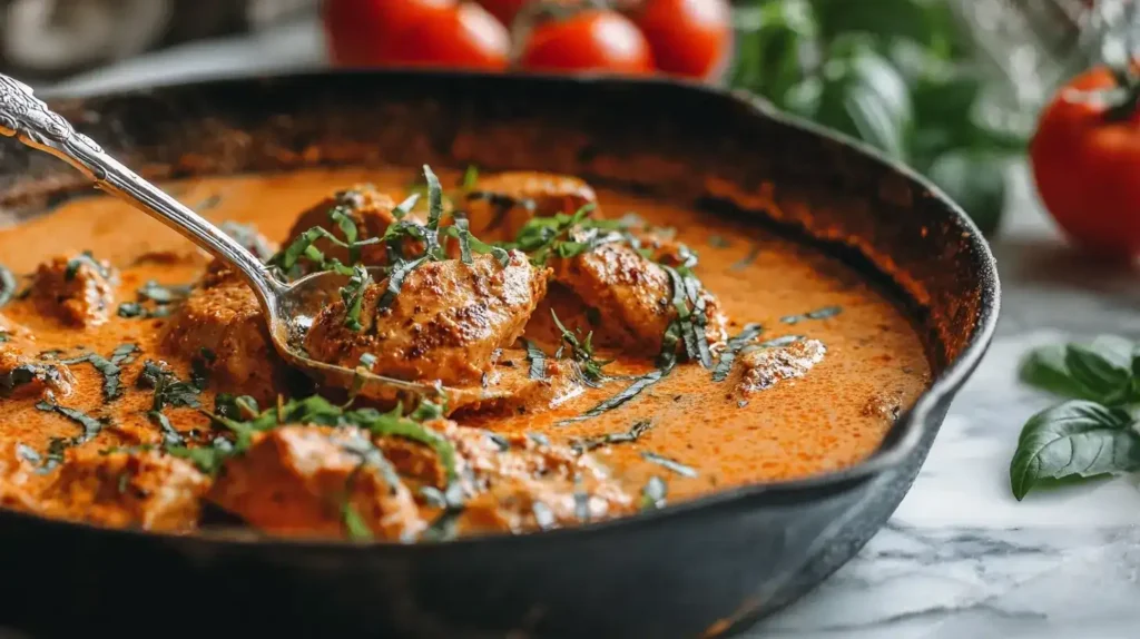 Pfanne mit Tomaten-Basilikum-Hähnchen und frischem Basilikum