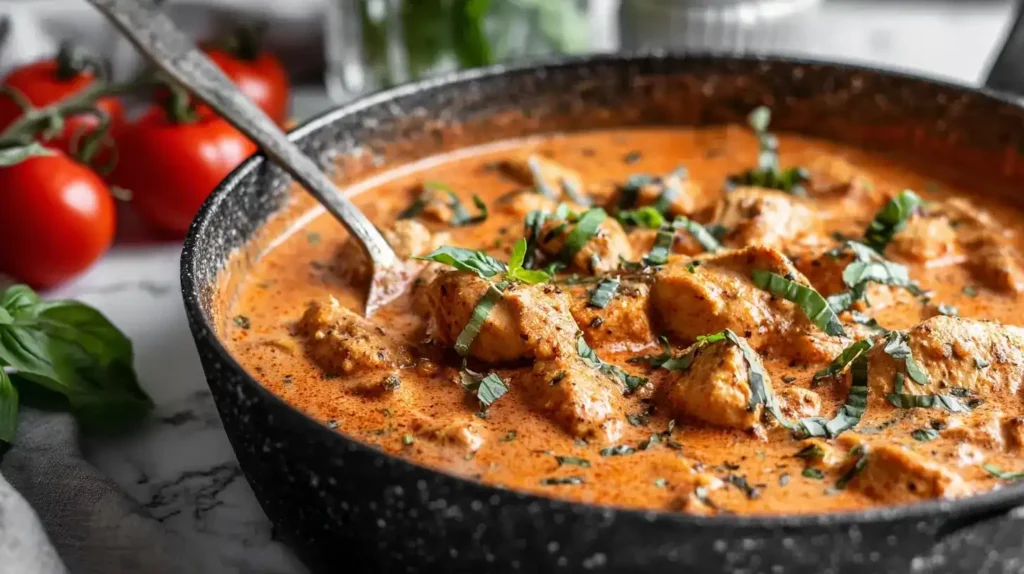 Tomaten-Basilikum-Hähnchen in cremiger Tomatensoße serviert