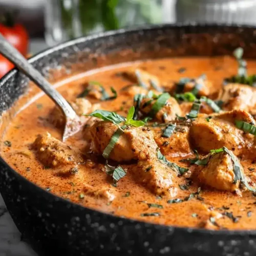 Tomaten-Basilikum-Hähnchen in cremiger Tomatensoße serviert