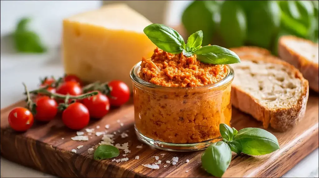 Cremiger Tomaten-Parmesan-Aufstrich als Dip mit Gemüse