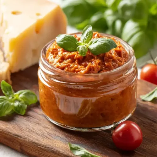 omaten-Parmesan-Aufstrich in Glas mit Brot und Olivenöl