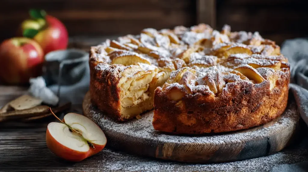 Stück vom italienischen Apfelkuchen Torta di Mele mit Puderzucker