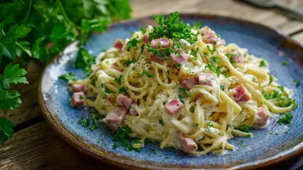 Ungarische Quarknudeln mit cremigem Quark und Schinken auf rustikalem Teller