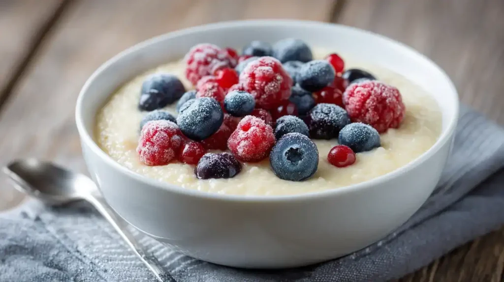 Cremige Vanillepudding-Haferflocken mit Beeren im Schälchen