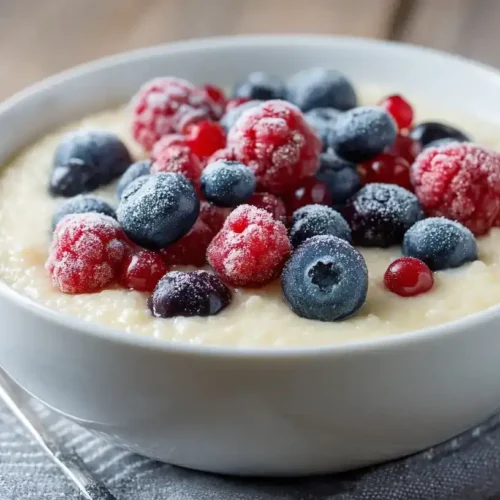 Cremige Vanillepudding-Haferflocken mit Beeren im Schälchen