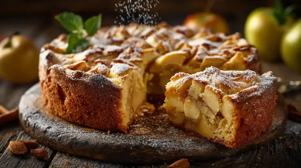 Saftiger versunkener Apfelkuchen mit gefächerten Zimtäpfeln, goldbrauner Teig, Puderzucker bestäubt, Herbststimmung
