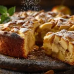 Saftiger versunkener Apfelkuchen mit gefächerten Zimtäpfeln, goldbrauner Teig, Puderzucker bestäubt, Herbststimmung