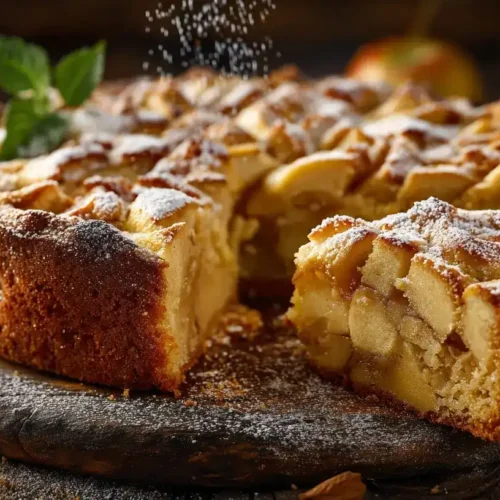 Saftiger versunkener Apfelkuchen mit gefächerten Zimtäpfeln, goldbrauner Teig, Puderzucker bestäubt, Herbststimmung