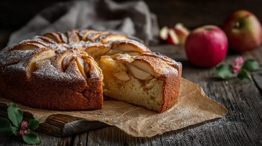 Nahaufnahme von versunkenem Apfelkuchen mit Zimtäpfeln auf rustikalem Holzbrett, warmes Licht, appetitlich