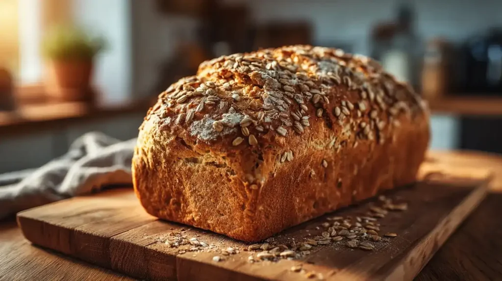 Frisch gebackenes Vollkornbrot mit goldener Kruste und Körnern auf einem Holzbrett