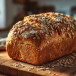 Frisch gebackenes Vollkornbrot mit goldener Kruste und Körnern auf einem Holzbrett