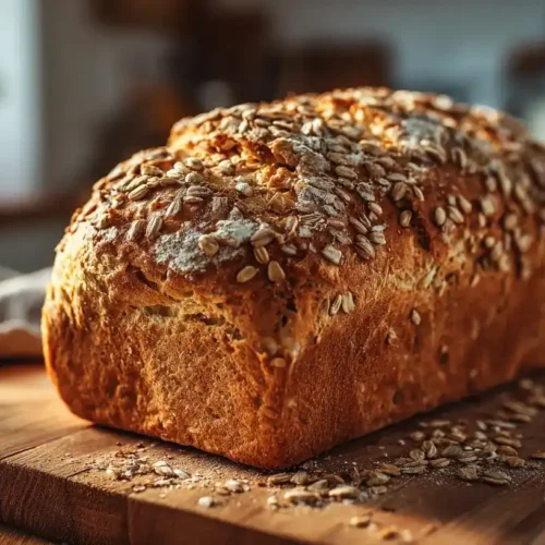 Frisch gebackenes Vollkornbrot mit goldener Kruste und Körnern auf einem Holzbrett
