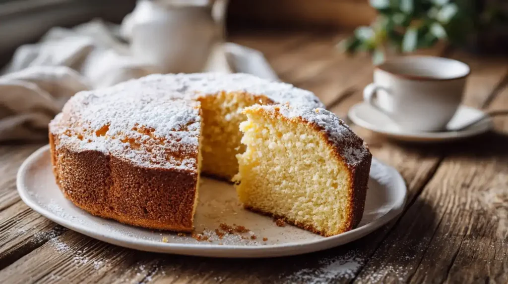 Wasserkuchen Fluffiger Wasserkuchen frisch gebacken auf Holztisch
