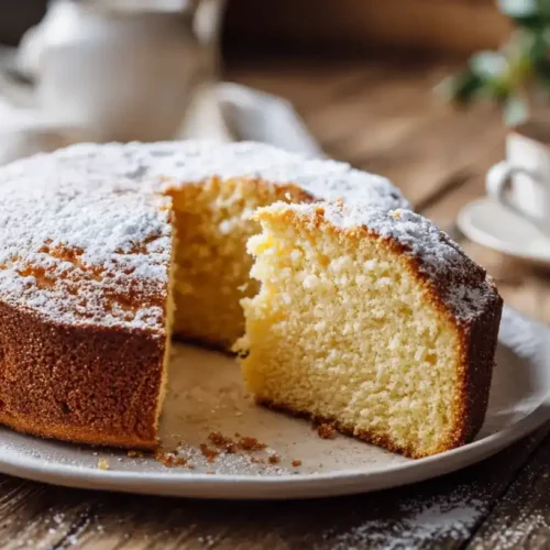 Fluffiger Wasserkuchen frisch gebacken auf Holztisch