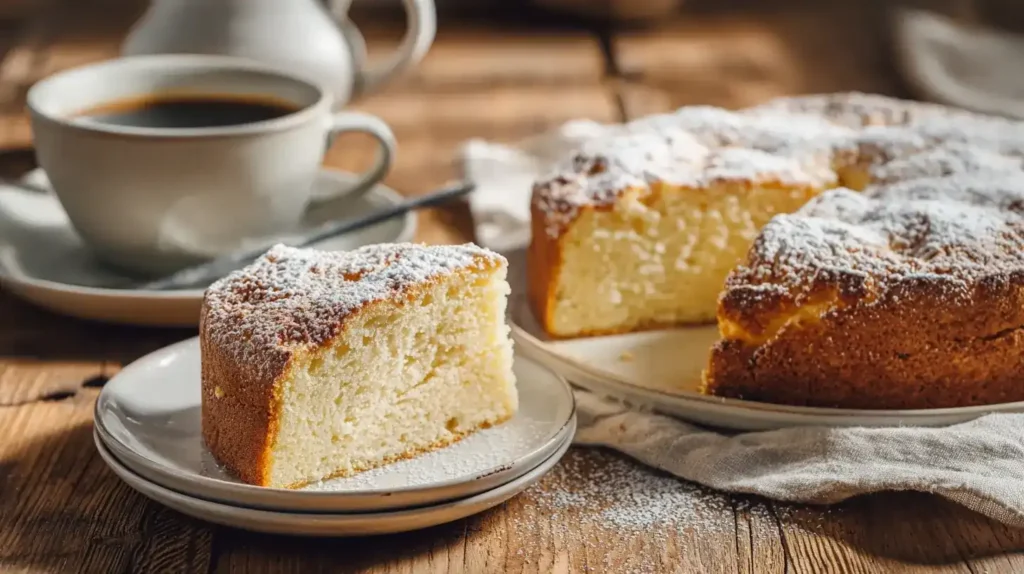 Veganer Wasserkuchen mit Puderzucker und Kaffeetasse
