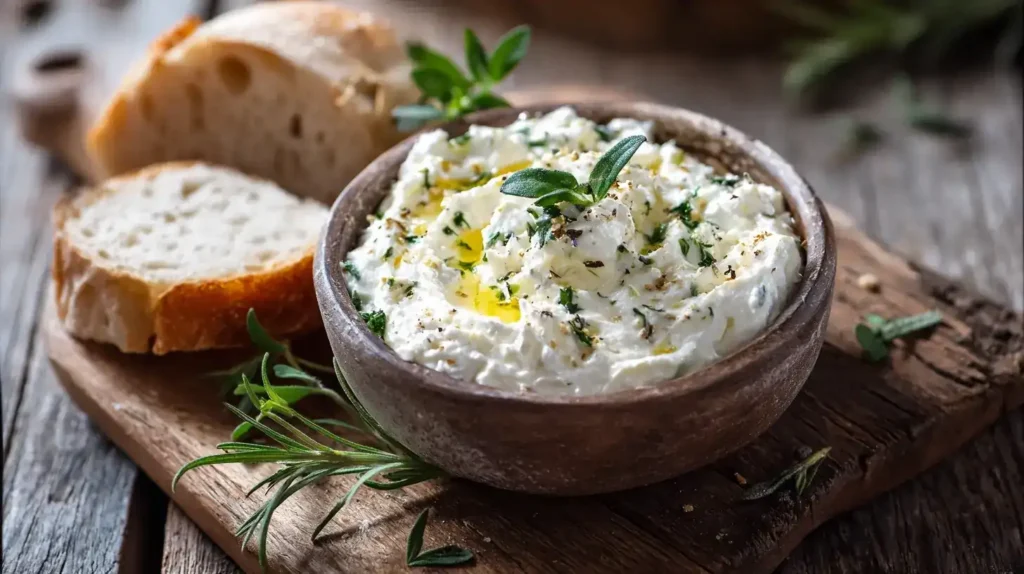 Weißer Grieche – Cremiger Feta-Joghurt-Dip für jede Gelegenheit Weißer Grieche Feta-Joghurt-Dip in Schüssel mit frischem Brot