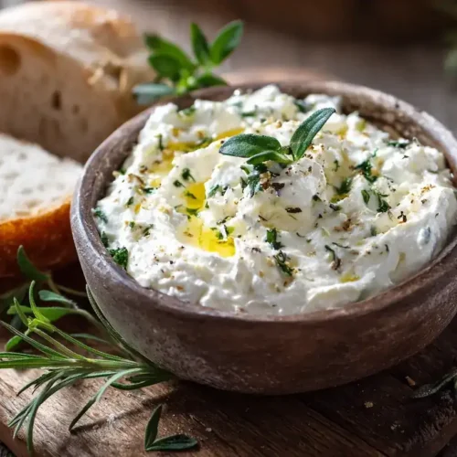Weißer Grieche Feta-Joghurt-Dip in Schüssel mit frischem Brot