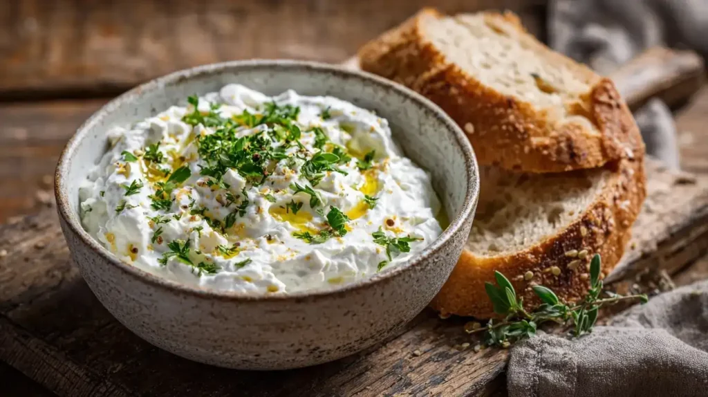 Cremiger Weißer Grieche Dip mit Petersilie und Oregano garniert