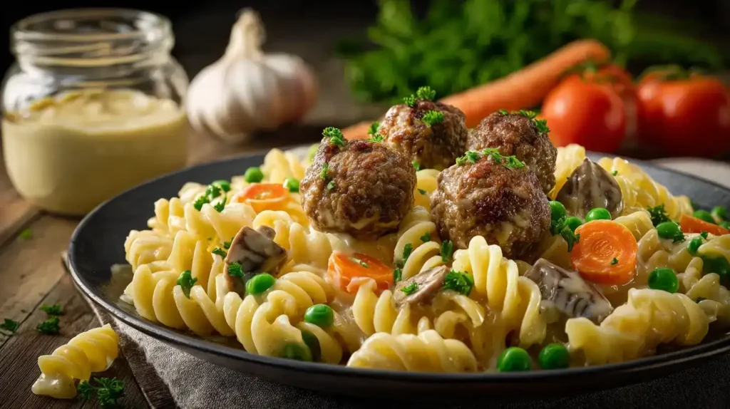 Cremige Wikingernudeln mit Hackbällchen, Erbsen, Möhren und Champignons in Sahnesoße