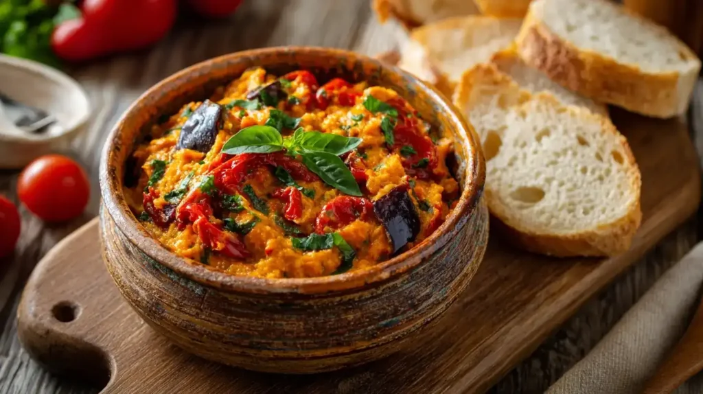 Frisch zubereiteter Zacusca, traditioneller rumänischer Gemüseaufstrich mit Paprika, Auberginen und Tomaten