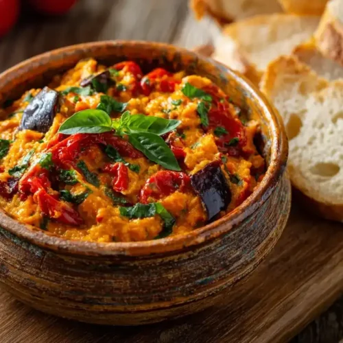 Frisch zubereiteter Zacusca, traditioneller rumänischer Gemüseaufstrich mit Paprika, Auberginen und Tomaten