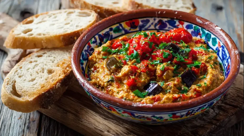 Zacusca auf frischem Brot serviert, aromatischer rumänischer Gemüseaufstrich mit roter Paprika und Auberginen