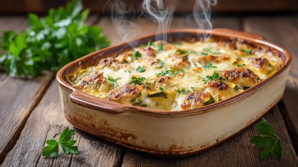 Zucchini-Champignon-Auflauf mit Hähnchen frisch gebacken mit goldbrauner Käsekruste