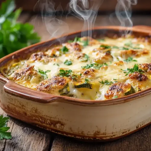 Zucchini-Champignon-Auflauf mit Hähnchen frisch gebacken mit goldbrauner Käsekruste