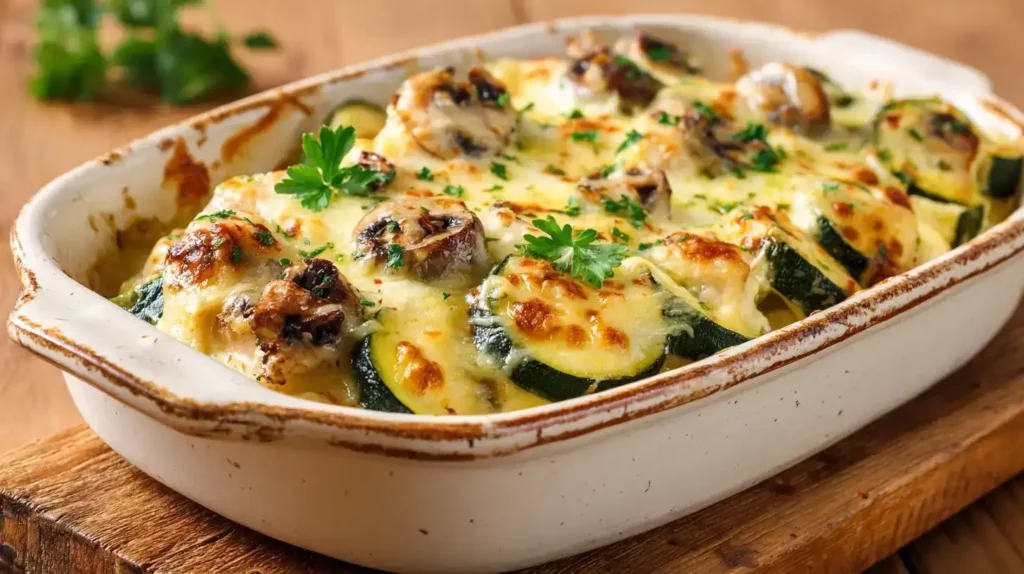 Portion Zucchini-Champignon-Auflauf mit Hähnchen auf Teller mit Beilage serviert
