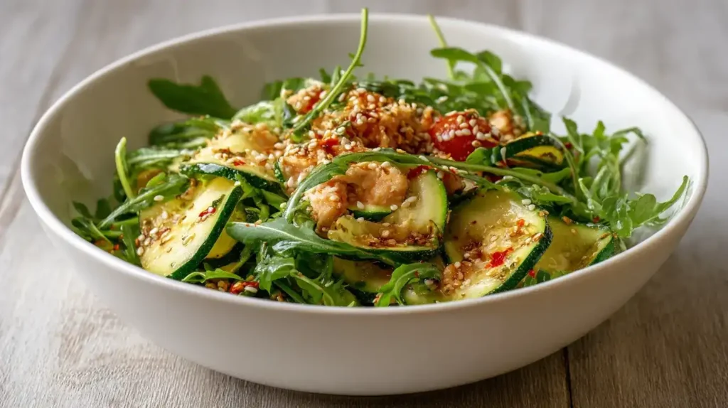 Servierter Zucchini-Thunfisch-Salat mit geröstetem Sesam auf weißem Teller