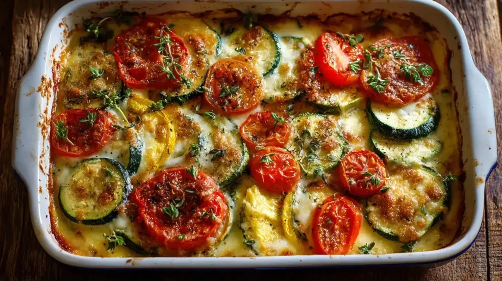 Zucchini-Tomaten-Gratin in einer Auflaufform, goldbraun überbacken