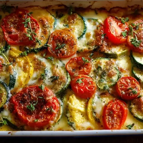 Zucchini-Tomaten-Gratin in einer Auflaufform, goldbraun überbacken