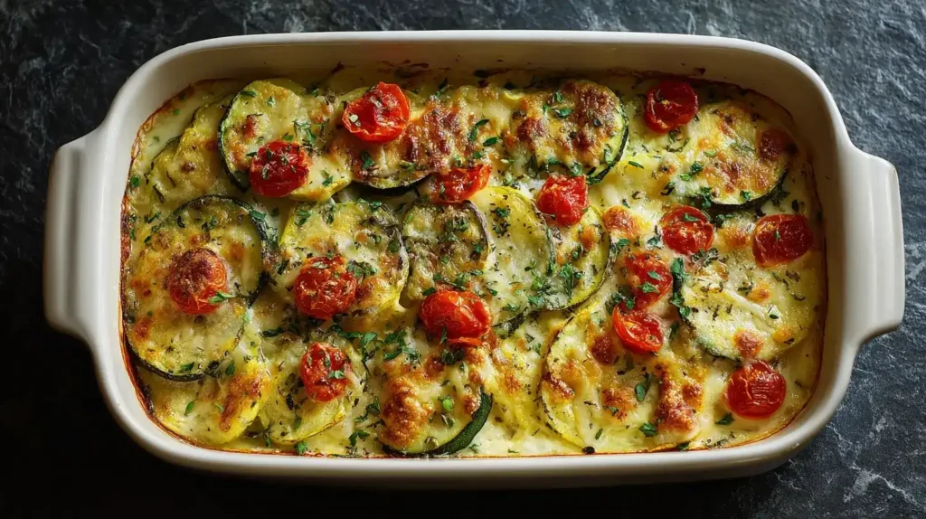 Cremiges Zucchini-Tomaten-Gratin auf einem Teller serviert, frische Kräuter garniert