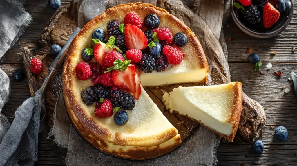 Zuckerfreier Käsekuchen von oben mit Beeren