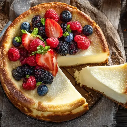 Zuckerfreier Käsekuchen von oben mit Beeren