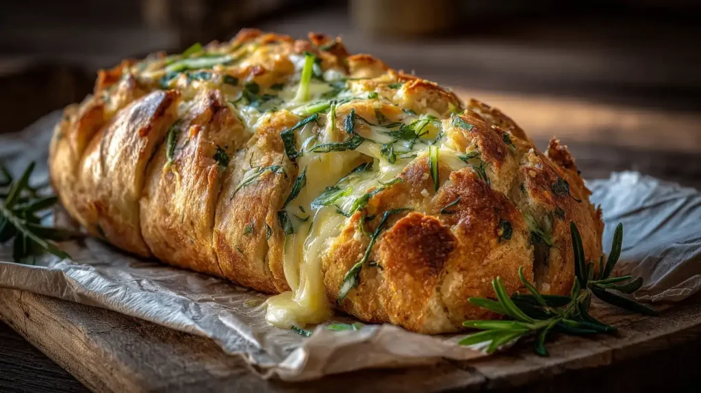 Zupfbrot mit Käse und Knoblauchbutter Frisch gebackenes Zupfbrot mit geschmolzenem Käse und Knoblauchbutter