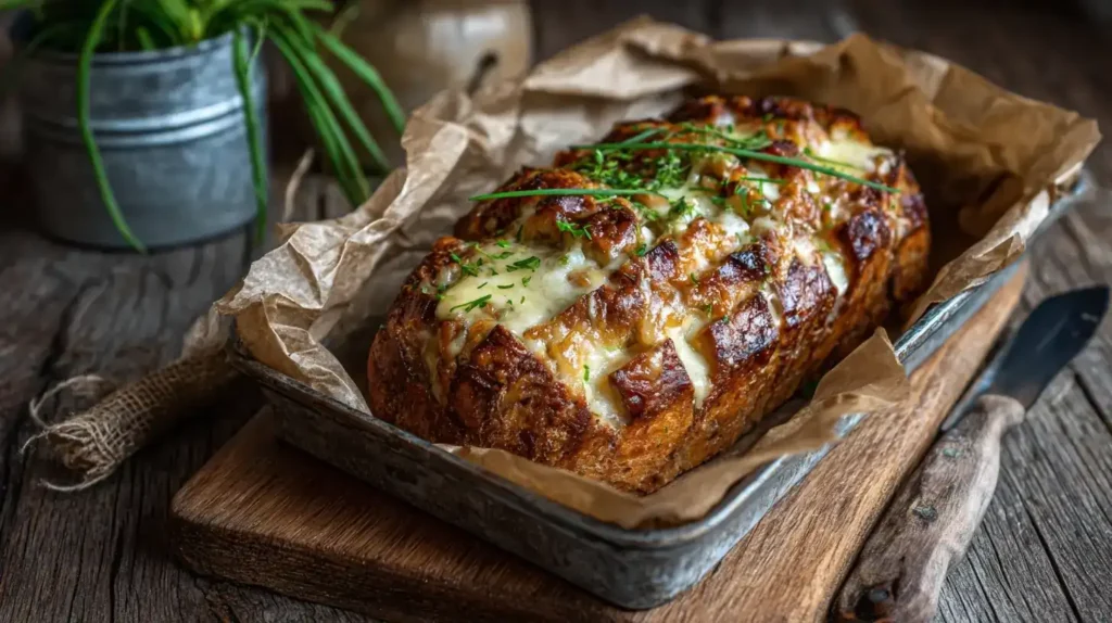 Serviertes Zupfbrot mit Käse und aromatischer Knoblauchbutter auf rustikalem Tisch