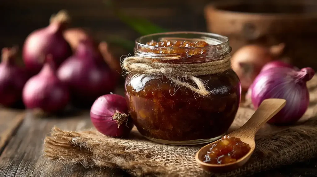 Glas mit selbstgemachter Zwiebelmarmelade, serviert auf Holzbrett