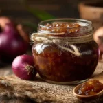 Glas mit selbstgemachter Zwiebelmarmelade, serviert auf Holzbrett